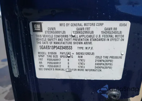 2004 Buick Rainier Cxl Plus из США, поврежденный, VIN 5GAES13P542348533